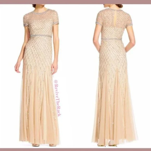 $328 Adrianna‎ Papell Cap Sleeve Beaded Mesh Gown Champagne [Petite 2P ]